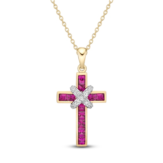 Lab-Created Ruby & White Lab-Created Sapphire Cross Necklace 10K Yellow Gold 18"