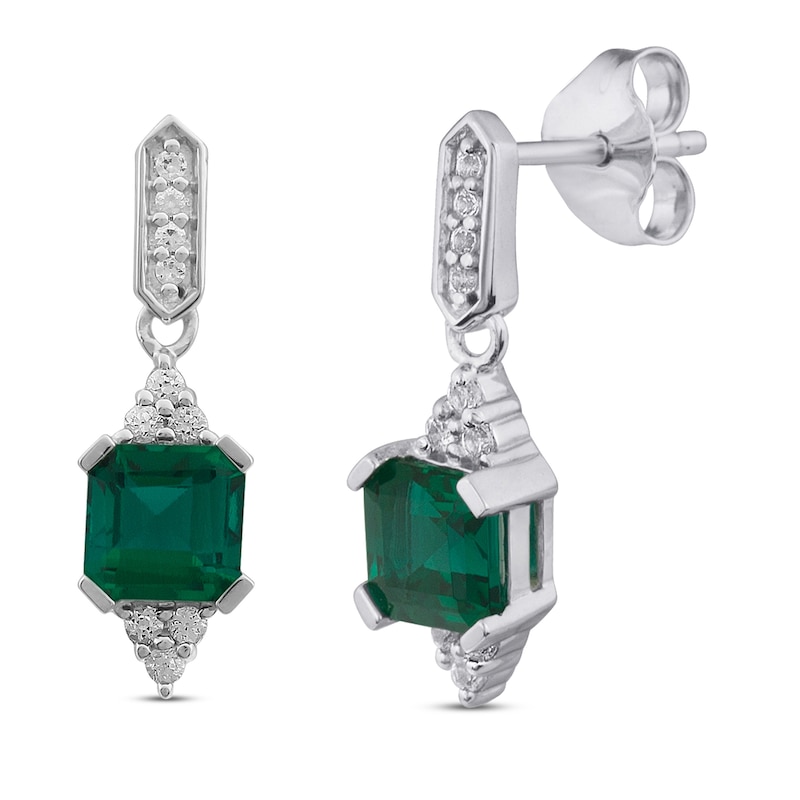 Main Image 1 of Lab-Created Emerald & White Lab-Created Sapphire Earrings Sterling Silver