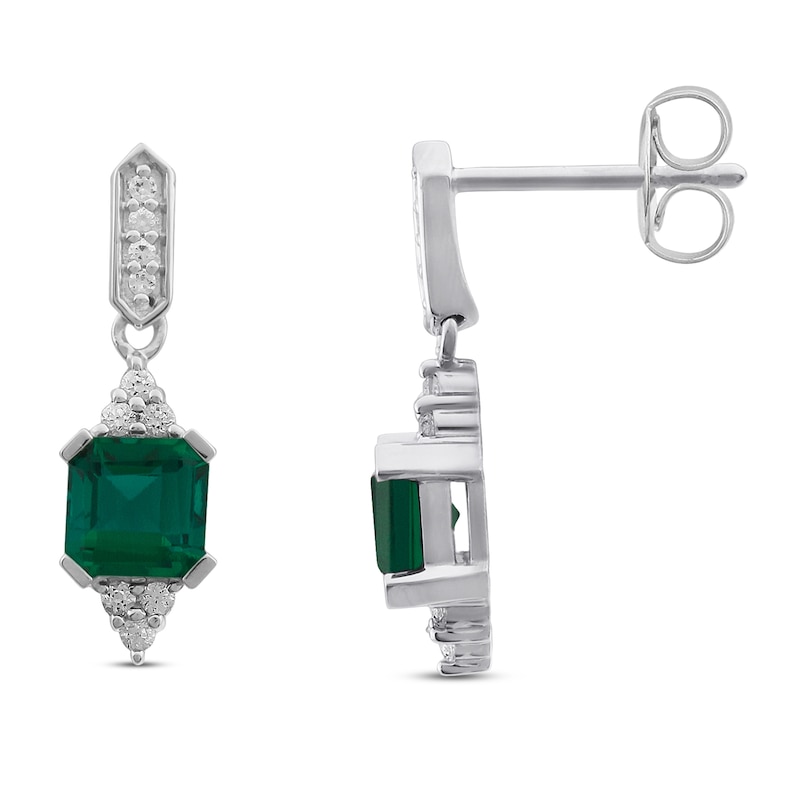 Main Image 2 of Lab-Created Emerald & White Lab-Created Sapphire Earrings Sterling Silver