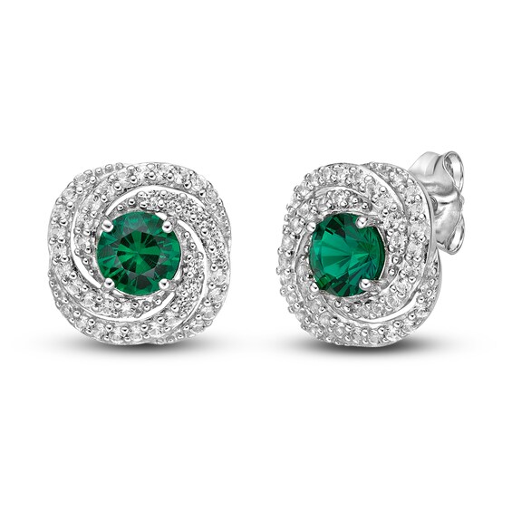 Lab-Created Emerald & White Lab-Created Sapphire Earrings Sterling Silver