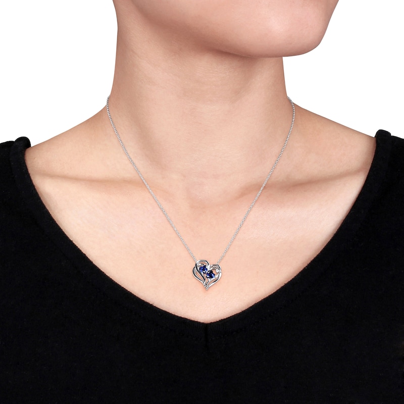 Blue Lab-Created Sapphire & Diamond Double Heart Necklace Sterling Silver 18"