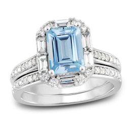 Aquamarine & Diamond Ring 3/8 ct tw Emerald/Round/Baguette-Cut 10K White Gold