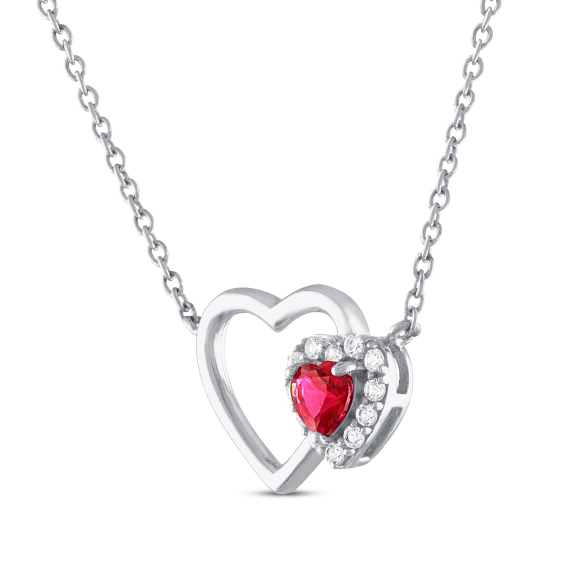 Main Image 2 of Lab-Created Ruby & White Lab-Created Sapphire Heart Necklace Sterling Silver 18&quot;