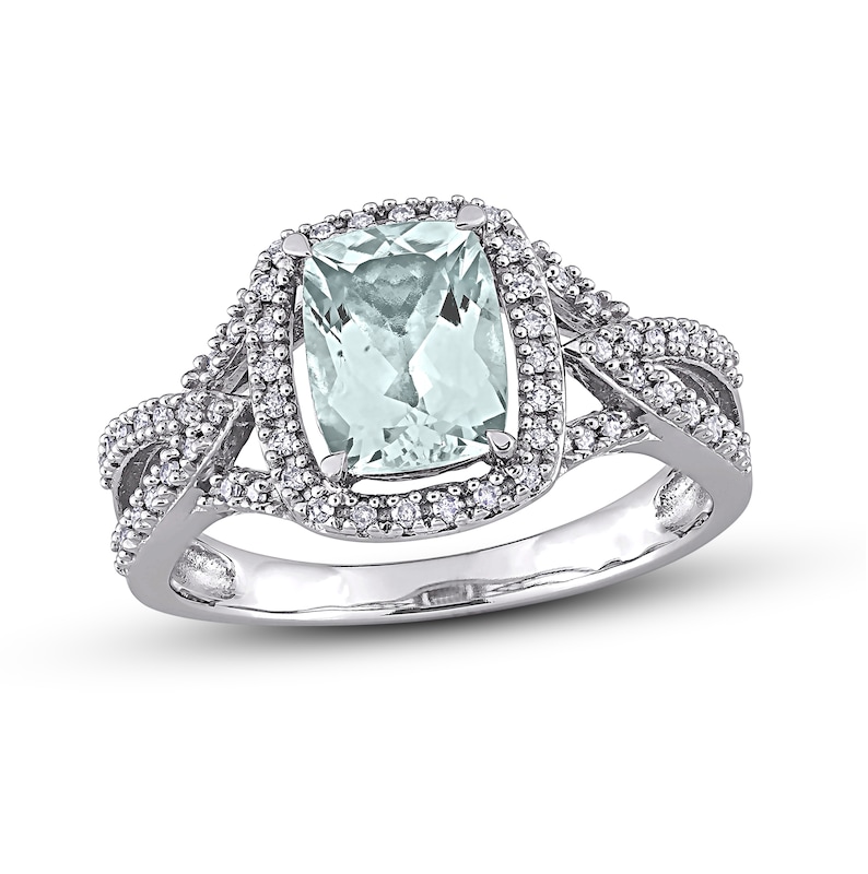 Main Image 1 of Aquamarine & Diamond Ring 1/6 ct tw Cushion/Round-Cut 10K White Gold