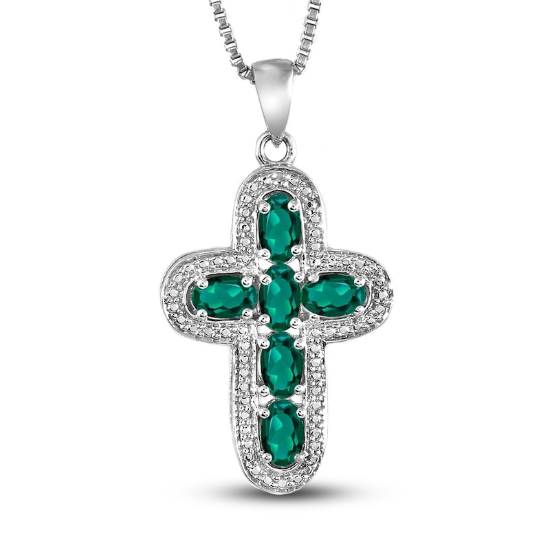 Main Image 1 of Lab-Created Emerald & Diamond Cross Necklace Sterling Silver 18&quot;