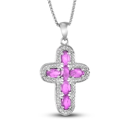 Pink Lab-Created Sapphire & Diamond Cross Necklace Sterling Silver 18&quot;