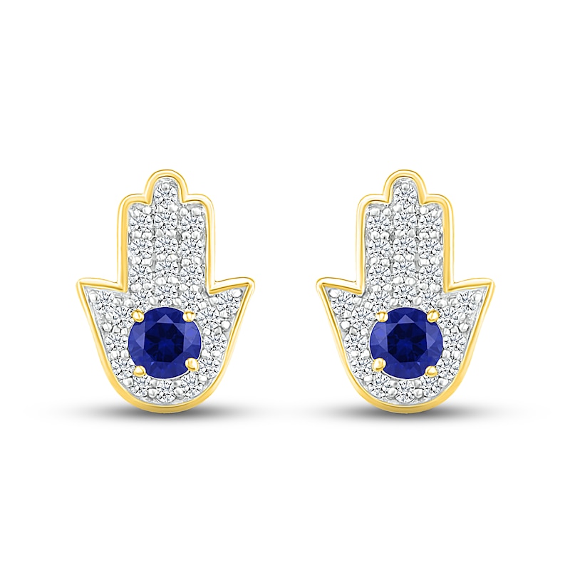 Main Image 2 of Blue & White Lab-Created Sapphire Hamsa Earrings 10K Yellow Gold