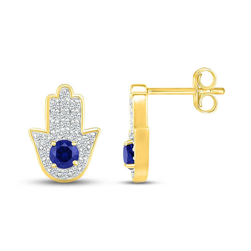 Main Image 3 of Blue & White Lab-Created Sapphire Hamsa Earrings 10K Yellow Gold