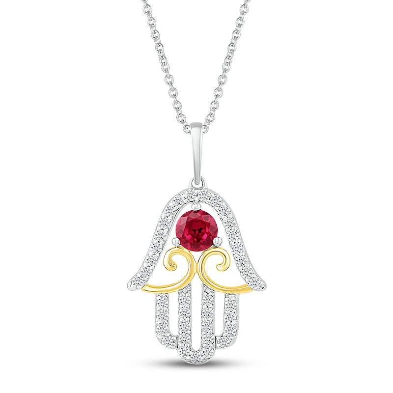 Main Image 1 of Lab-Created Ruby & White Lab-Created Sapphire Hamsa Necklace Sterling Silver & 10K Yellow Gold 18&quot;