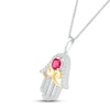 Thumbnail Image 2 of Lab-Created Ruby & White Lab-Created Sapphire Hamsa Necklace Sterling Silver & 10K Yellow Gold 18&quot;