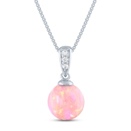 Peach Lab-Created Opal & White Lab-Created Sapphire Necklace Sterling Silver 18&quot;