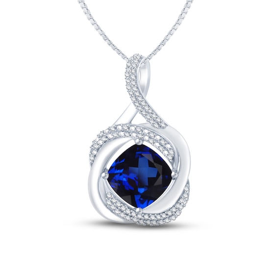 Blue Lab-Created Sapphire & Diamond Necklace 1/6 ct tw Round-cut Sterling Silver 18"