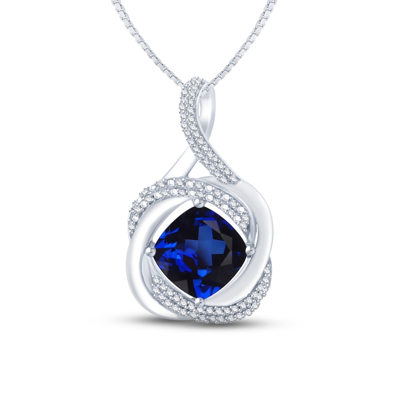 Main Image 1 of Blue Lab-Created Sapphire & Diamond Necklace 1/6 ct tw Round-cut Sterling Silver 18&quot;