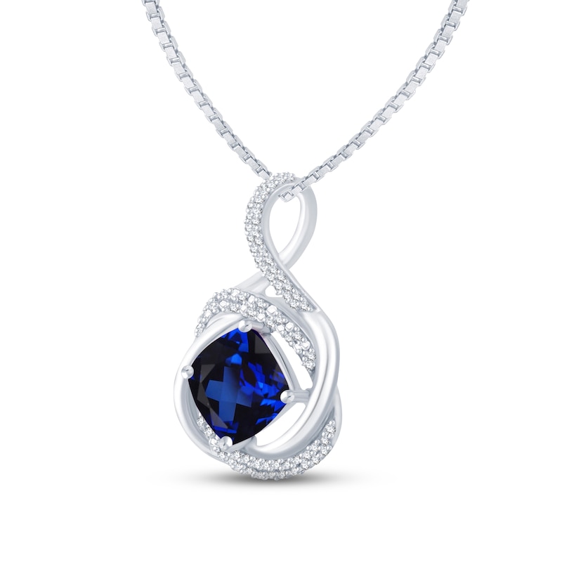 Main Image 2 of Blue Lab-Created Sapphire & Diamond Necklace 1/6 ct tw Round-cut Sterling Silver 18&quot;