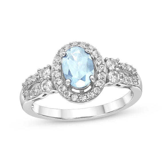 Oval-Cut Aquamarine & White Lab-Created Sapphire Halo Ring Sterling Silver