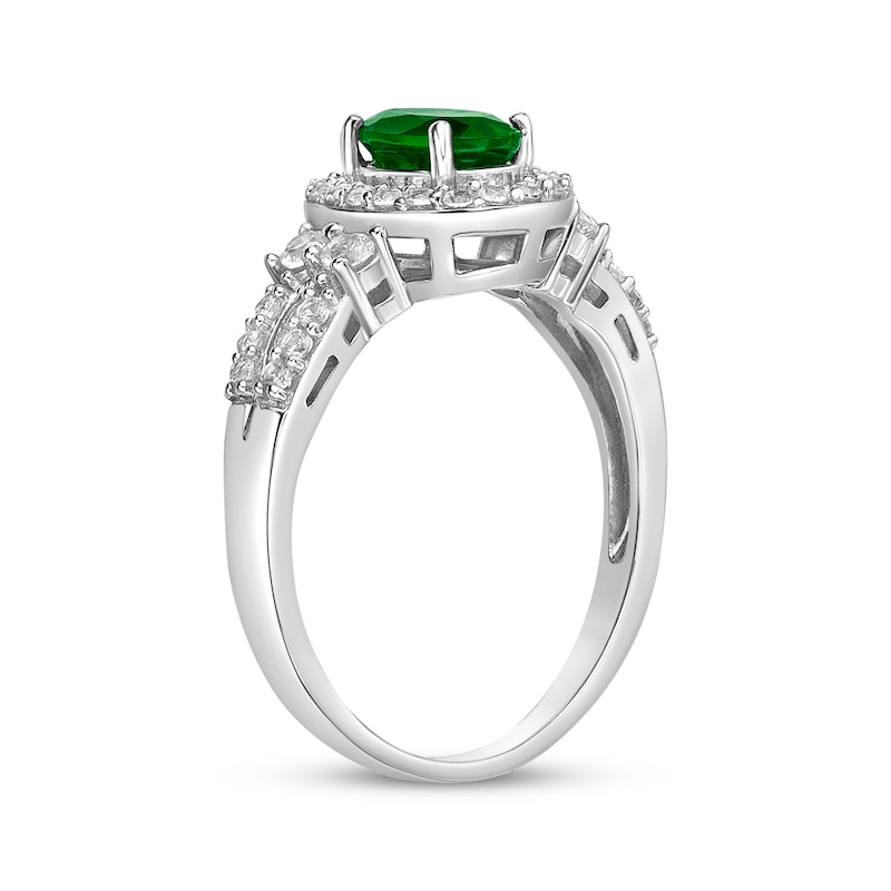 Oval-Cut Lab-Created Emerald & White Lab-Created Sapphire Halo Ring ...