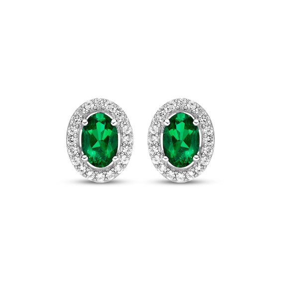 Oval-Cut Lab-Created Emerald & White Lab-Created Sapphire Halo Stud Earrings Sterling Silver