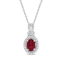 Oval-Cut Lab-Created Ruby & White Lab-Created Sapphire Halo Necklace Sterling Silver 18&quot;