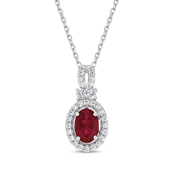 Oval-Cut Lab-Created Ruby & White Lab-Created Sapphire Halo Necklace Sterling Silver 18"