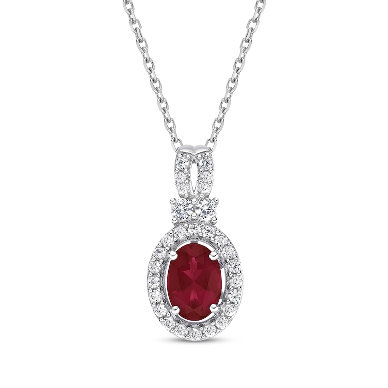 Main Image 1 of Oval-Cut Lab-Created Ruby & White Lab-Created Sapphire Halo Necklace Sterling Silver 18&quot;