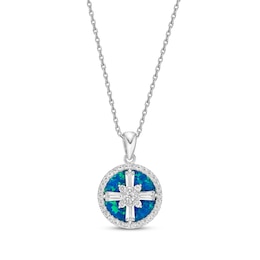 Blue-Green Lab-Created Opal Inlay & White Lab-Created Sapphire Compass Necklace Sterling Silver 18&quot;