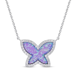 Lavender Lab-Created Opal Inlay & White Lab-Created Sapphire Butterfly Necklace Sterling Silver 18&quot;