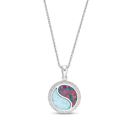 White & Black Lab-Created Opal Inlay & White Lab-Created Sapphire Yin-Yang Necklace Sterling Silver 18&quot;