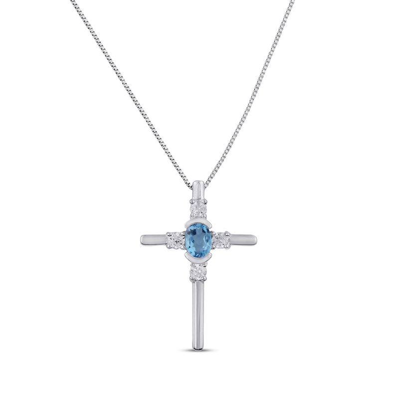 Swiss Blue Topaz & White Lab-Created Sapphire Cross Necklace Sterling Silver 18"