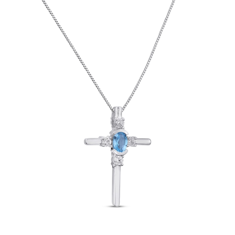 Swiss Blue Topaz & White Lab-Created Sapphire Cross Necklace Sterling Silver 18"