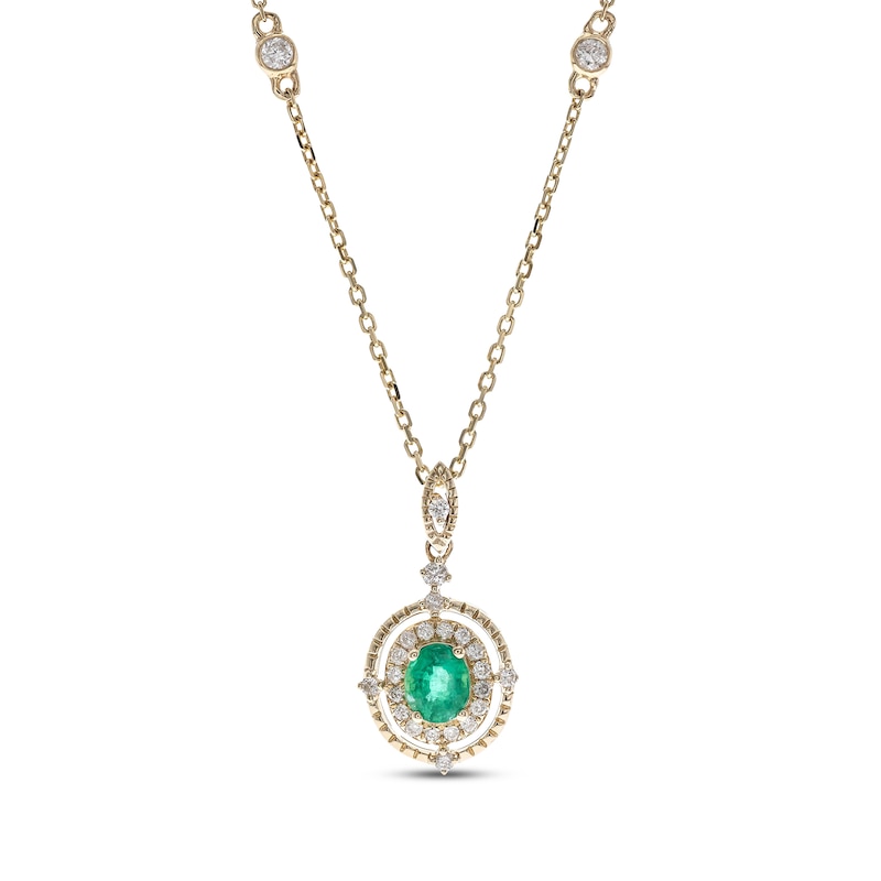 Main Image 1 of Oval-Cut Emerald & Diamond Necklace 1/5 ct tw 10K Yellow Gold 18”