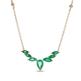 Pear-Shaped & Marquise-Cut Emerald & Diamond Necklace 10K Yellow Gold 18”