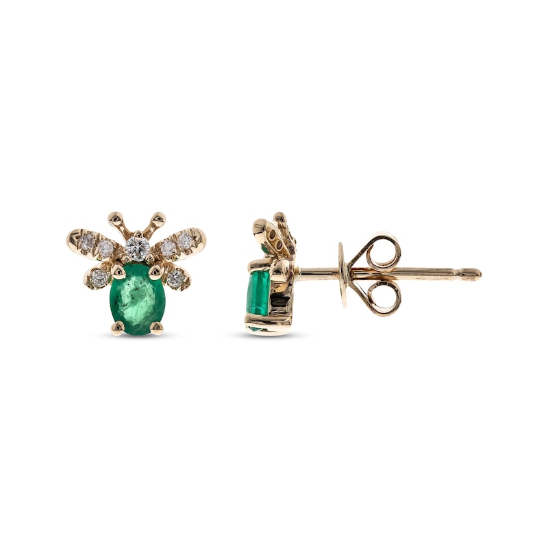 Main Image 1 of Oval-Cut Emerald & Diamond Bee Earrings 1/15 ct tw 10K Yellow Gold