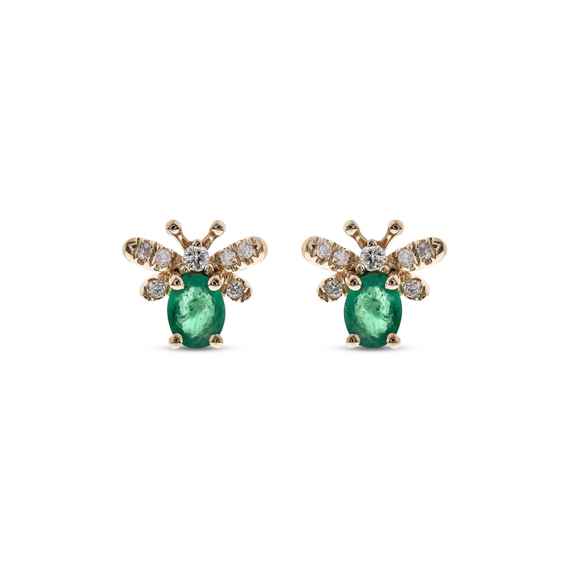 Main Image 2 of Oval-Cut Emerald & Diamond Bee Earrings 1/15 ct tw 10K Yellow Gold