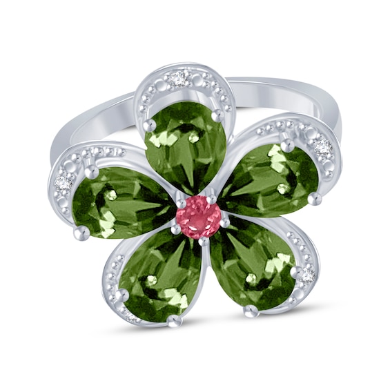 Pear-Shaped Green Tourmaline, Pink Tourmaline & Diamond Ring Sterling Silver