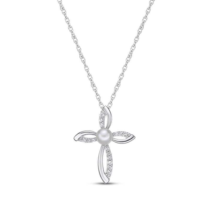 Main Image 1 of Cultured Pearl & White Lab-Created Sapphire Cross Necklace Sterling Silver 18&quot;