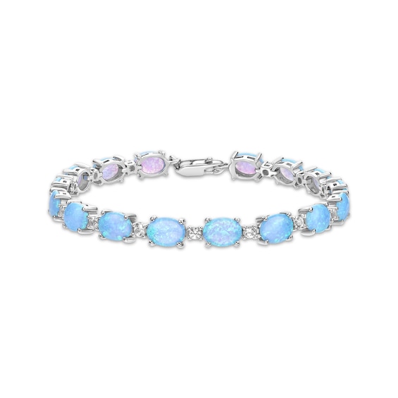 Oval-Cut Blue Lab-Created Opal & White Lab-Created Sapphire Bracelet Sterling Silver 7.25"