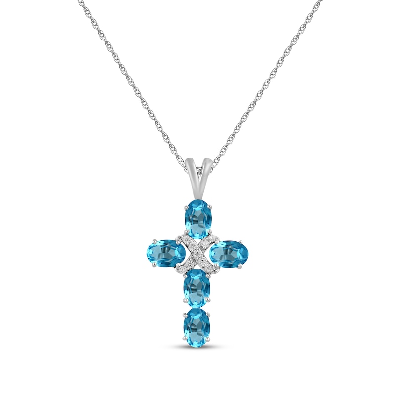 Oval-Cut Swiss Blue Topaz & White Lab-Created Sapphire Cross Necklace Sterling Silver 18"