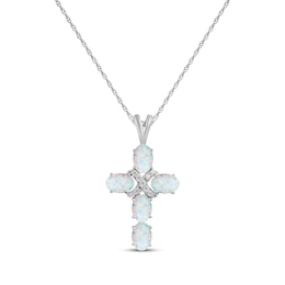 Oval-Cut Lab-Created Opal & White Lab-Created Sapphire Cross Necklace Sterling Silver 18&quot;