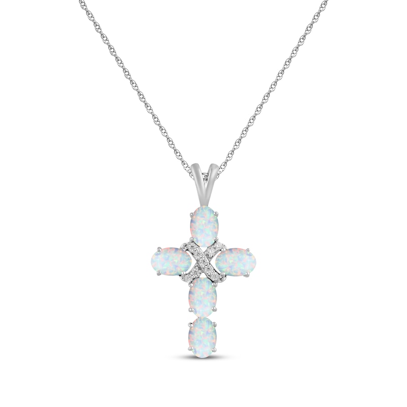 Main Image 1 of Oval-Cut Lab-Created Opal & White Lab-Created Sapphire Cross Necklace Sterling Silver 18&quot;