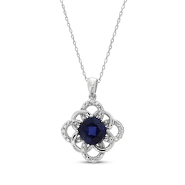 Blue & White Cushion and Round-Cut Lab-Created Sapphire Necklace Sterling Silver 18&quot;