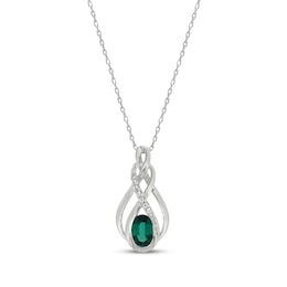 Lab-Created Oval-Cut Emerald & White Lab-Created Sapphire Necklace Sterling Silver 18&quot;