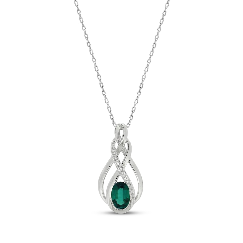 Main Image 1 of Lab-Created Oval-Cut Emerald & White Lab-Created Sapphire Necklace Sterling Silver 18&quot;