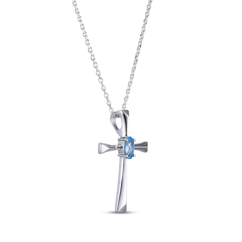 Oval-Cut Swiss Blue Topaz Cross Necklace Sterling Silver 18”