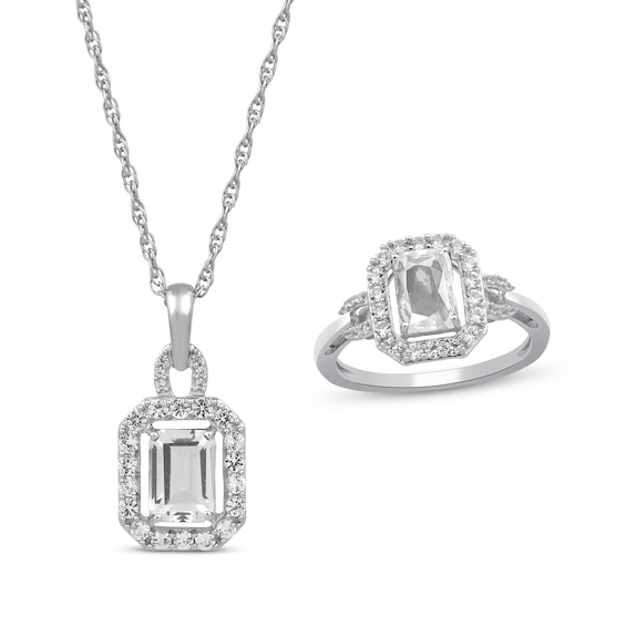 Octagon-Cut Lab-Created White Sapphire Necklace & Ring Gift Set Sterling Silver - Size 7