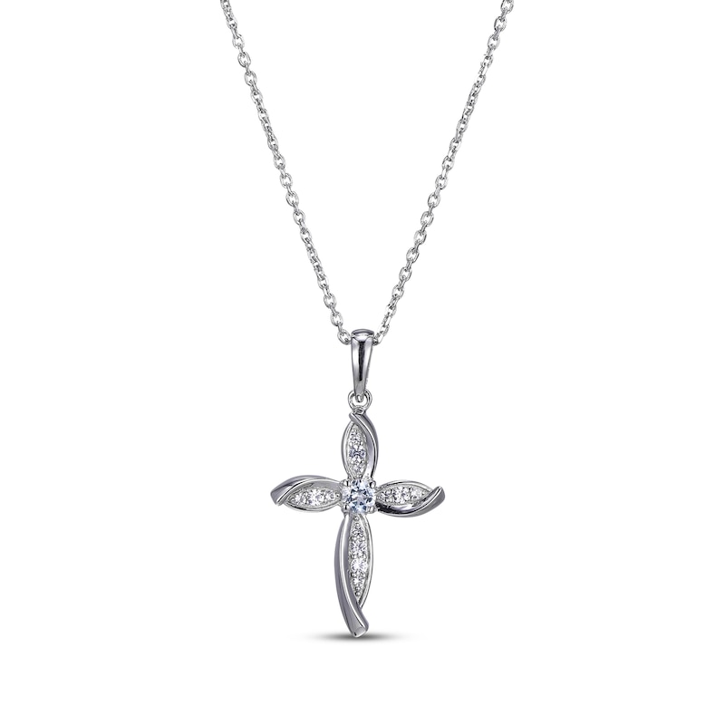 Main Image 1 of Aquamarine & White Lab-Created Sapphire Cross Necklace Sterling Silver 18”