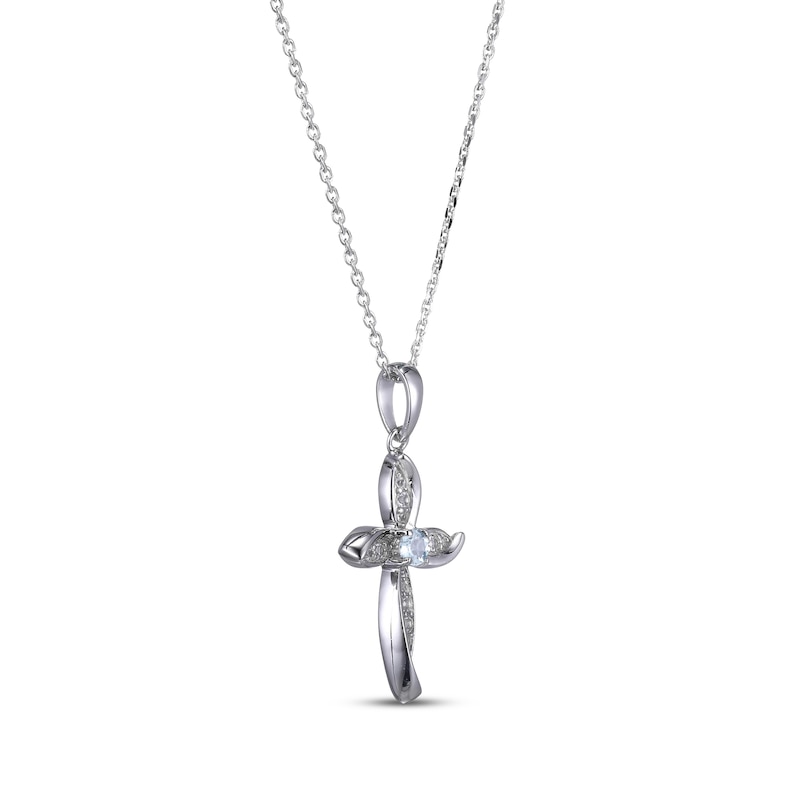 Main Image 2 of Aquamarine & White Lab-Created Sapphire Cross Necklace Sterling Silver 18”