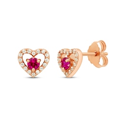 Round-Cut Lab-Created Ruby & Diamond Heart Stud Earrings 1/6 ct tw 10K Rose Gold