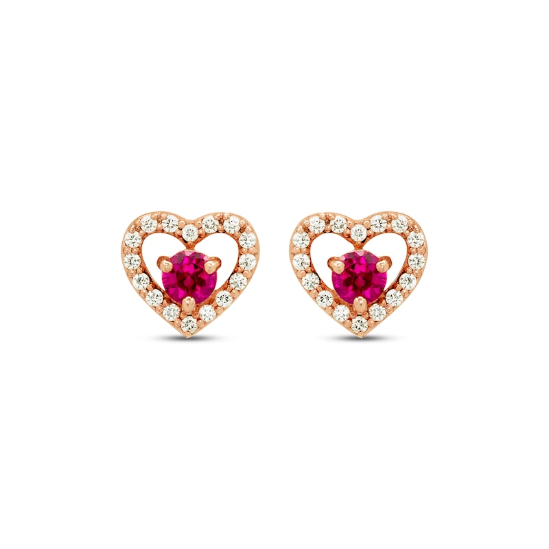 Main Image 2 of Round-Cut Lab-Created Ruby & Diamond Heart Stud Earrings 1/6 ct tw 10K Rose Gold