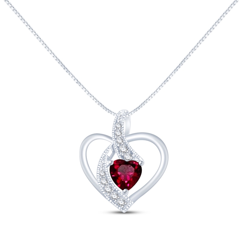 Heart-Shaped Lab-Created Ruby & Round-Cut White Lab-Created Sapphire Necklace Sterling Silver 18”