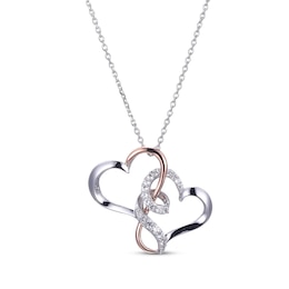 Round-Cut White Lab-Created Sapphire Hearts Necklace Sterling Silver & 10K Rose Gold 18”